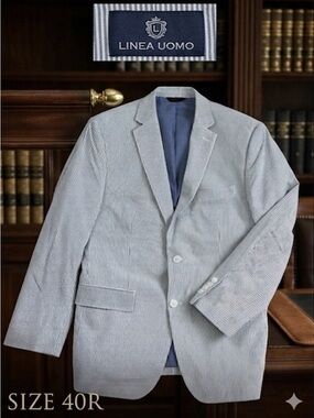 LINEA UOMO Men's Blue & White Seersucker Blazer Lined/Structured Shoulder 40R